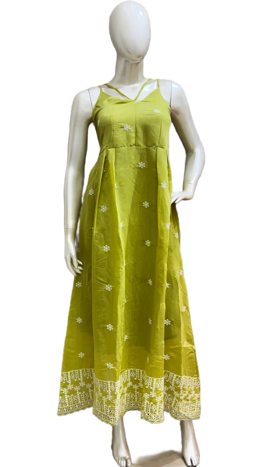Olive Green Embroidered Sleeveless Maxi Dress