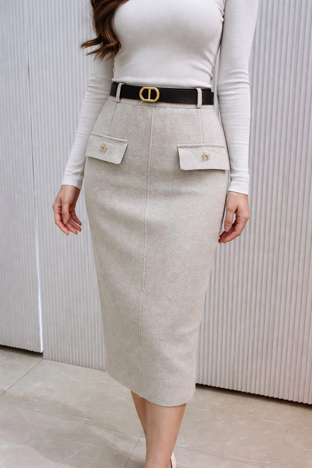 Women’s Beige Pencil Midi Skirt with Pocket Detail