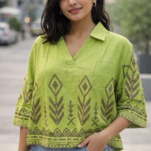 Olive Green Ethnic Printed Casual Top