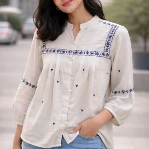 Ivory Embroidered Cotton Casual Shirt