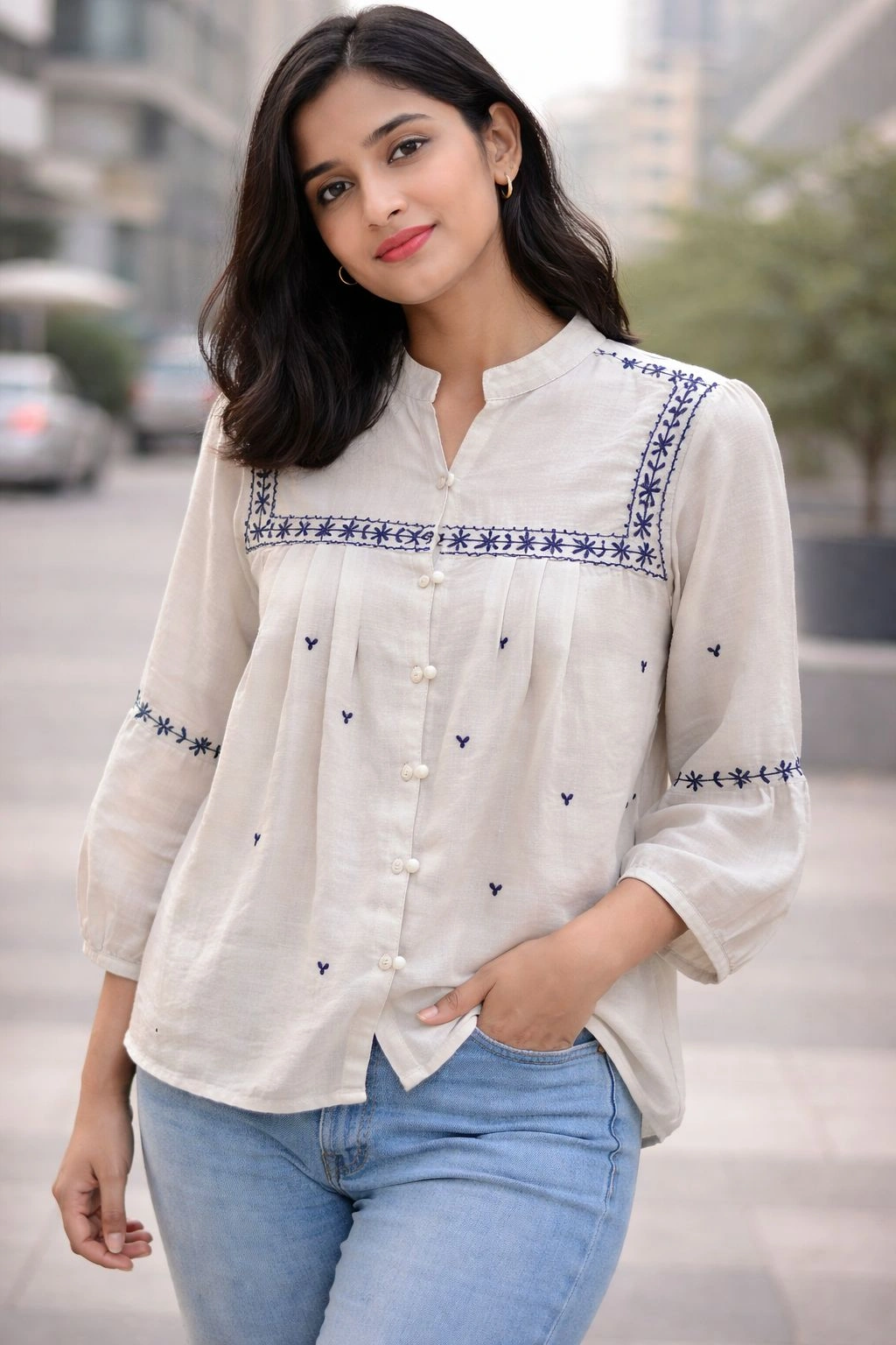 Ivory Embroidered Cotton Casual Shirt