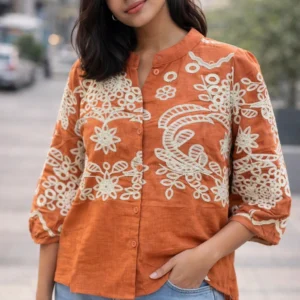 Rust Orange Floral Embroidered Casual Shirt