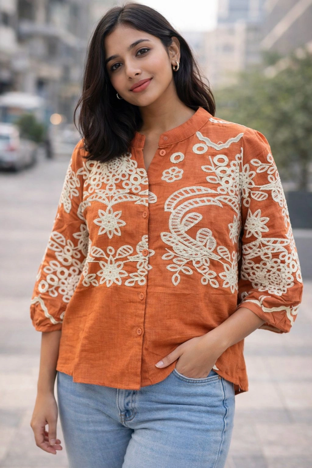 Rust Orange Floral Embroidered Casual Shirt