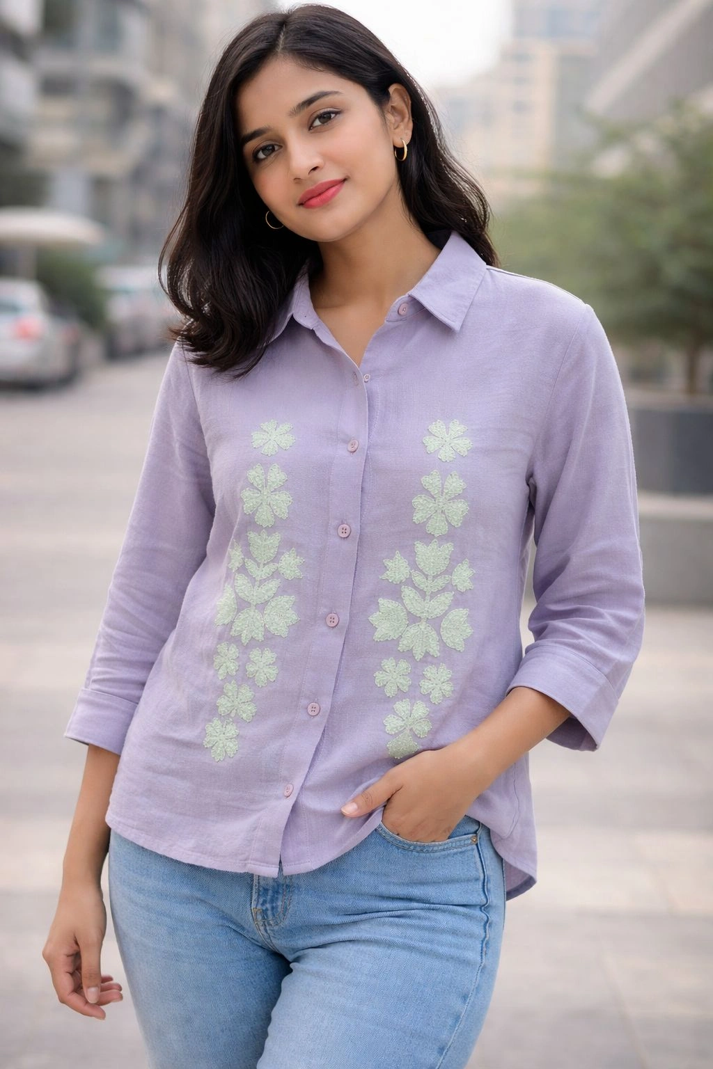 Lavender Floral Embroidered Casual Shirt