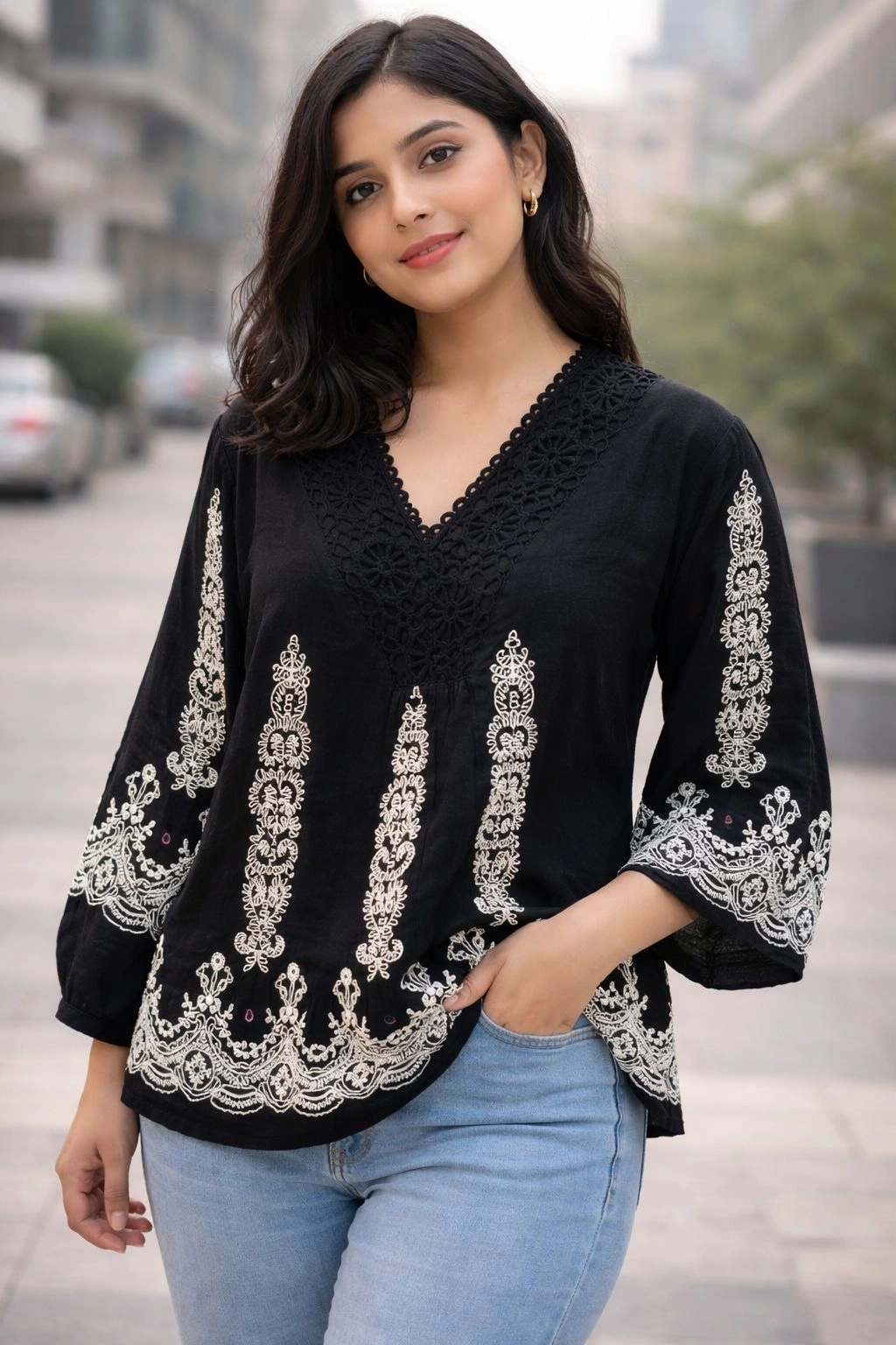 Black Elegant Embroidered V-Neck Top