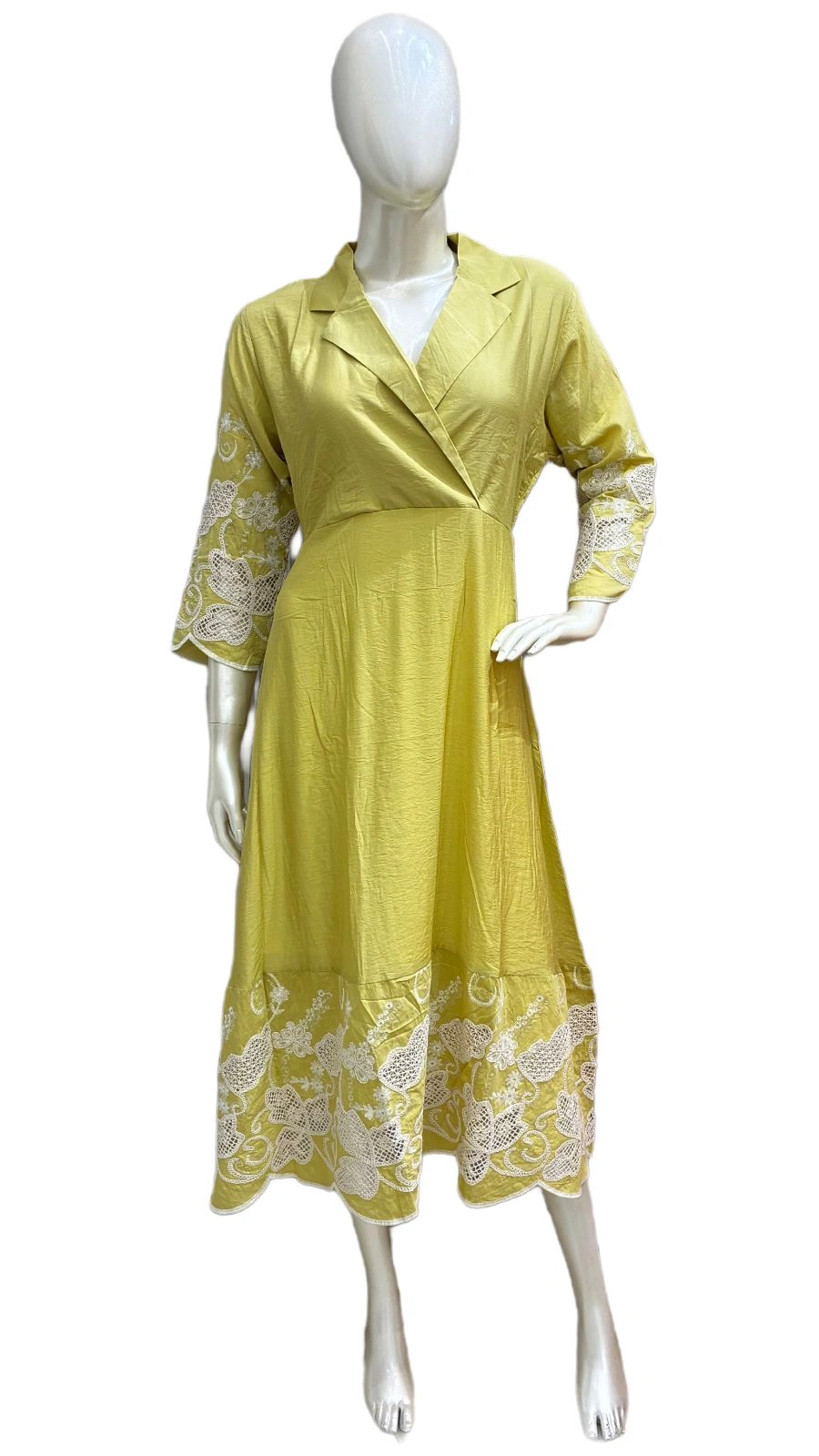 Lime Yellow Lace Detail Midi Dress
