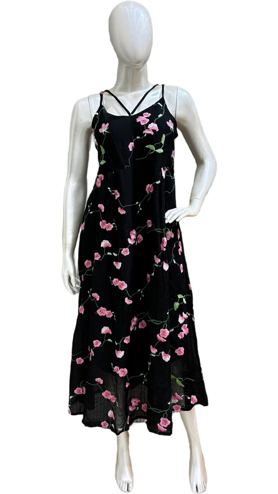 Black Blossom Embroidered Midi Dress