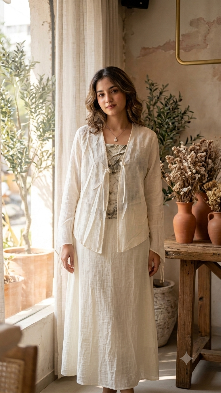 Printed Bodice Maxi Dress with Tie-Up Shrug
